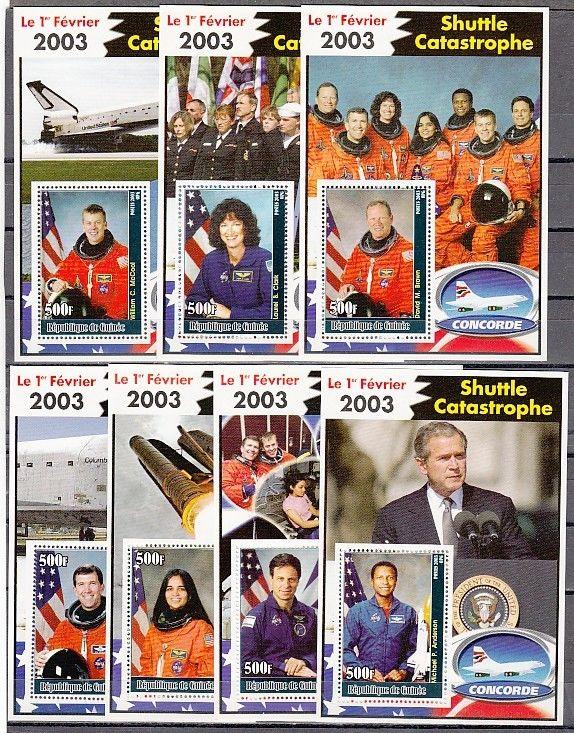 Guinea, 2003 Cinderella issue. Space Shuttle Catastrophe on 7 s/sheets.