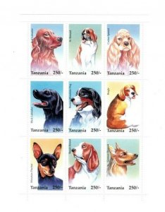 Tanzania 1996 - Dogs, Beagle, Spaniel, Lab, Hound - Sheet of 9 Stamps - MNH