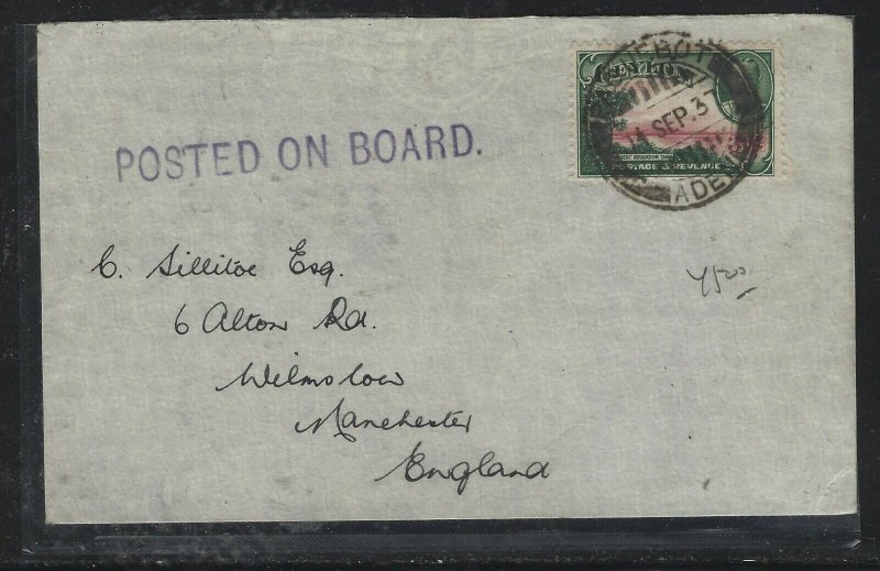 CEYLON COVER   (PP1108BB)  KGV  30C 1937 PAQUEBOT POSTED ON BOARD TO ENGLAND