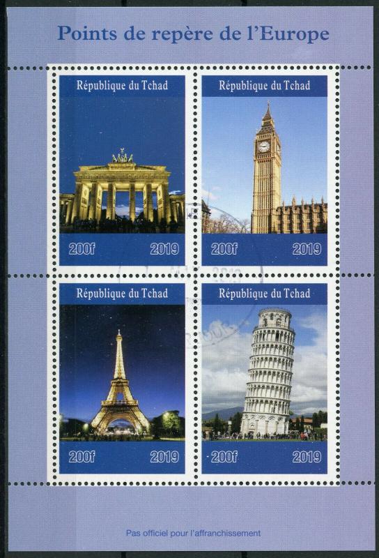 Chad 2019 CTO Landmarks Eiffel Tower Big Ben Brandenburg Gate 4v M/S Stamps