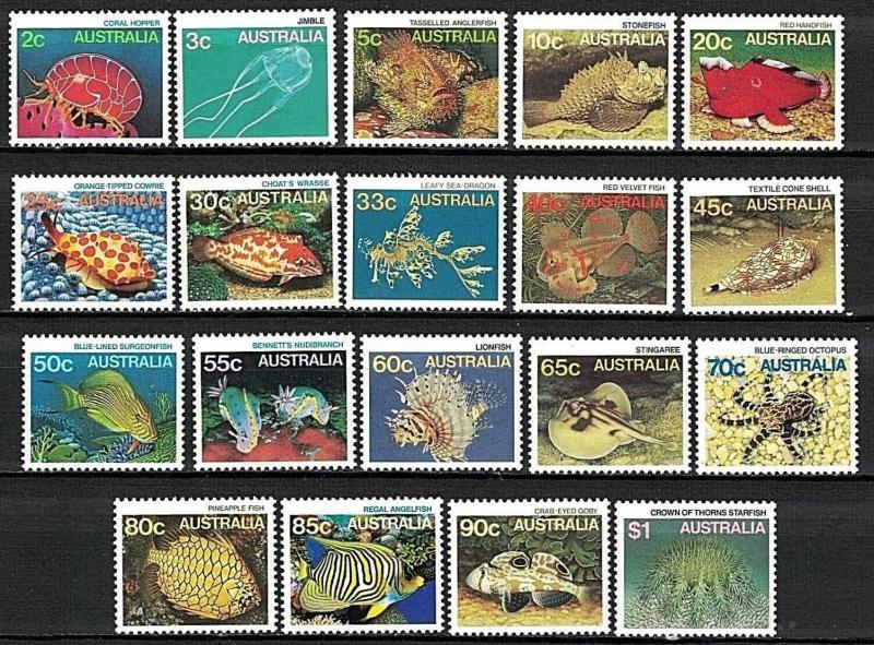 Australia Scott 0902-920 MNH, Fish and Coral Hopper complete set of 19, SCV18.00