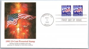 U.S. CACHETED FIRST DAY COVER PRE-SORTED 23c STAMP (PAIR) 1993