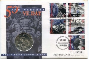 1995 Guernsey Cover with £2 Coin/ 50th Anniversary VE Day (24716)