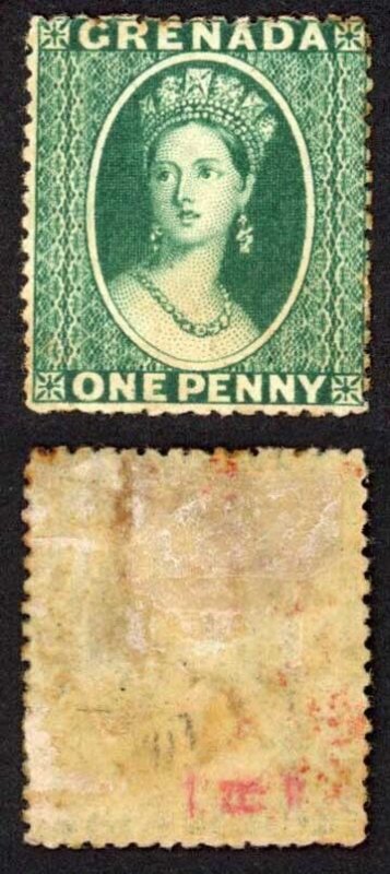 Grenada SG10 1d Deep Green wmk Small Star S/Ways Perf 15 Toned gum Cat 130 pound