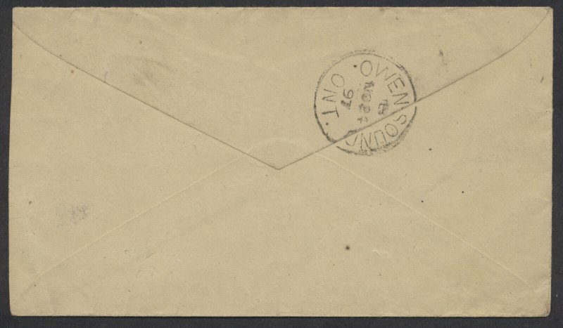 1897 Holland Centre (Grey) ONT Split Ring on Cover to Owen Sound Segmented Cork
