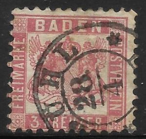 Baden - Scott #20 3Kr Rose, Coat of Arms, Fine - Used, SCV=$4.00