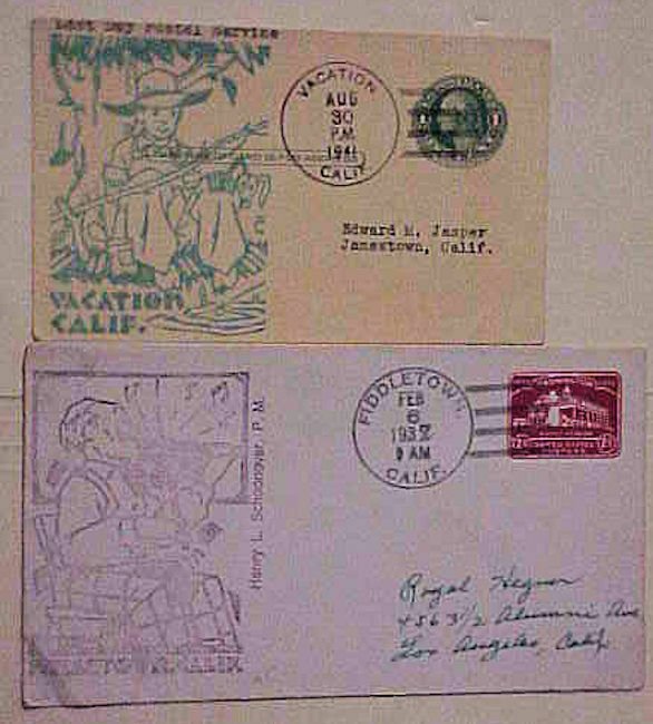 US COVER COULTER CACHET  FIDDLETOWN CA 1937 on ENTIRE & VACATION 1941