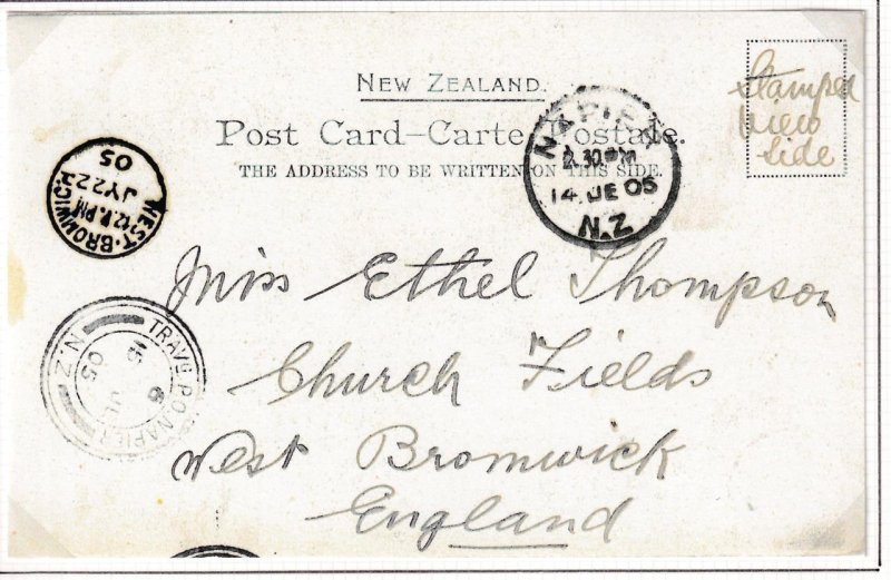 NEW ZEALAND TRAVELLING POST OFFICE 1p NAPIER TO WEST BROMWICH UK POSTCARD 1905