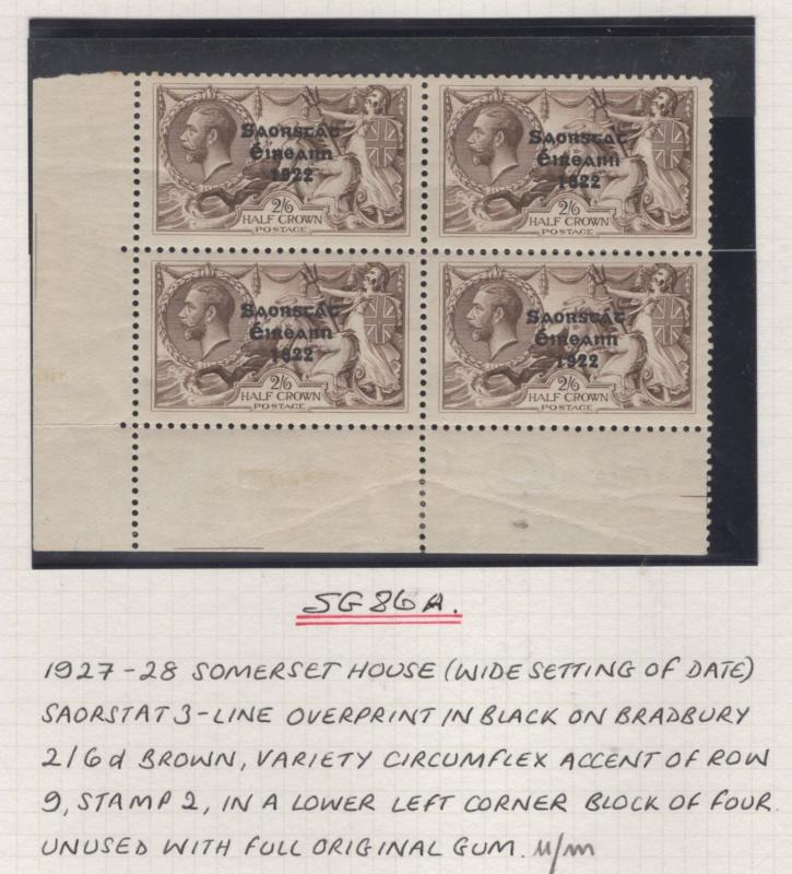 IRELAND SG86/a 1927 2/6 ONE WITH CIRCUMFLEX OVER A MNH IN BLOCK OF 4(MTD MARG)