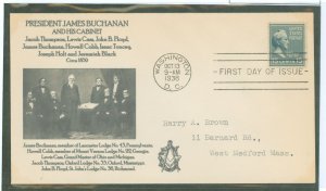 US 820 1938 15c James Buchanan, Part of the Presidential Prexy Series, on an Addressed, typed, FDC witha Masonic Cachet