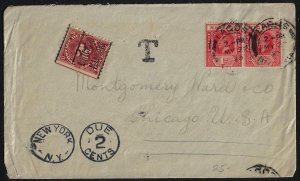 NIGERIA US 1920 US LAGOS TO CHICAGO NEW YORK POSTAGE DUE 2 CENTS & T MARKING