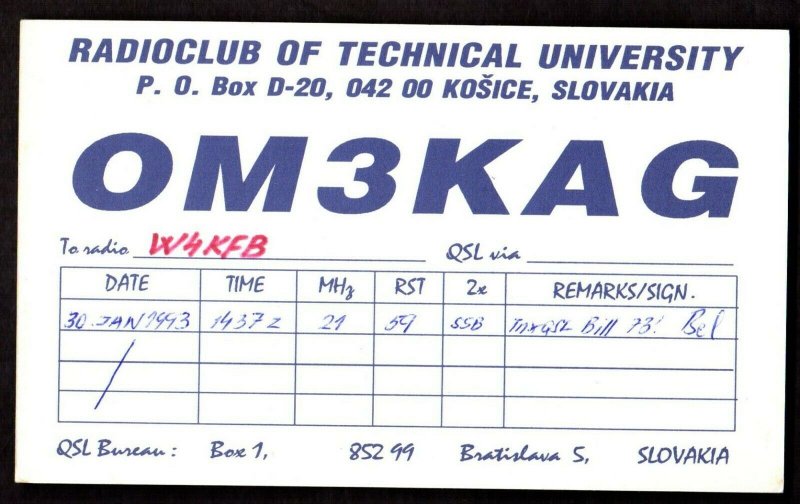 QSL Radio Card Radioclub of Technical Univ.,OM3KAG,Variant, Slovakia (Q3368)