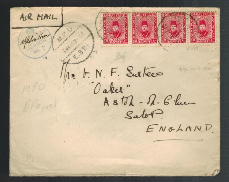 1940 Egypt Censored Cover to England British Military Post Office MPO 