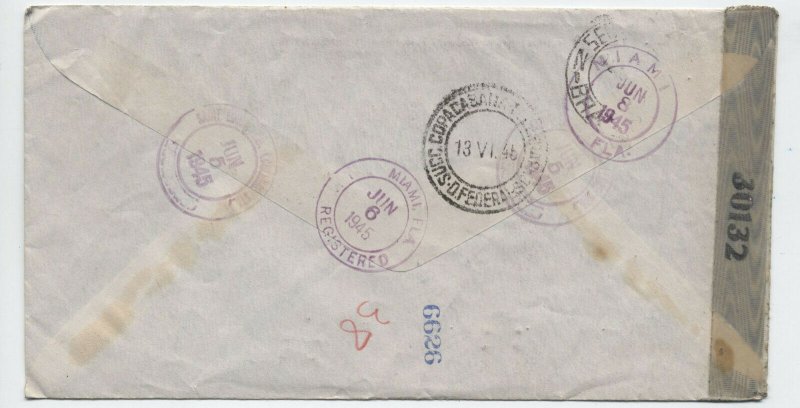 1945 St. Louis registered airmail to Brazil 2x 20ct prexie [y4418]