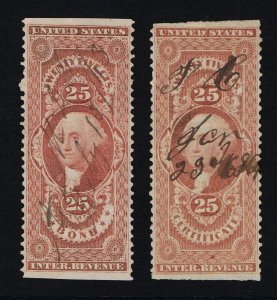 GENUINE SCOTT #R43b & #R44b F-VF RED 1ST ISSUE REVENUE PART-PERF SET OF 2 STAMPS