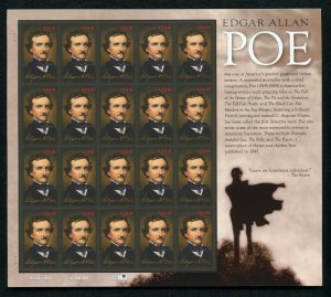 (S) USA Sc#4377 Edgar Allan Poe Full Sheet of 20 Stamps MNH