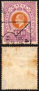 Natal SG143 One Pound 10/- Brown-Orange and Purple Cat 4750 BUT A FISCAL Cancel