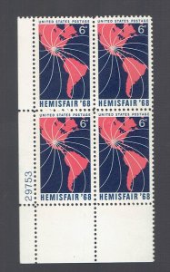 US SCOTT#1340 1968 6c HEMISFAIR PLATE BLOCK L/L#29753 - MNH