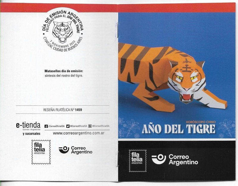 #75188 ARGENTINA 2022 CHINA NEW YEAR TIGER,HOROSCOP S/S+BOOKLET +2 FDC+BROCHURE
