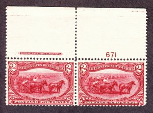 US 286 2c Trans-Mississippi Mint Plate #671 Top Pair F-VF OG NH SCV $160