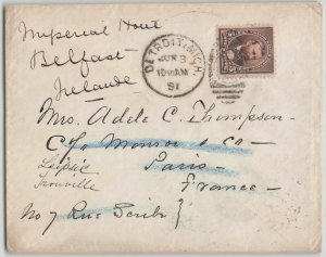 United States 1891 5c Grant Forwarded Cover Detroit MI to Paris France Ireland