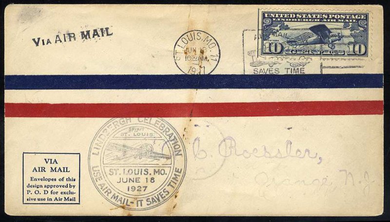 United States First Day Covers #C10-9, 1927 10c Lindbergh, Roessler cachet, S...