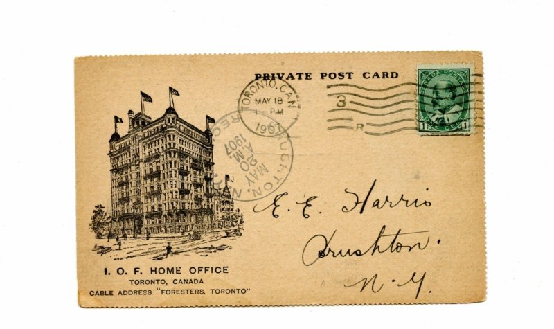 L.O.F. Home Office Private post card 1907 Edward issue to USA, Canada