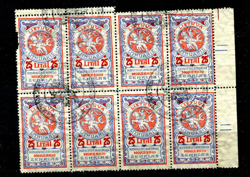 LITHUANIA CONSULAR ISSUE 25 LITAI block of 8-