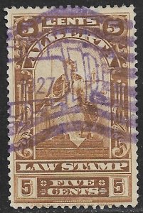 CANADA REVENUES ALBERTA 1910-30 5c LAW STAMP VDM. AL27 VFU