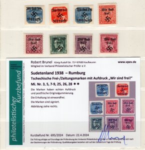 GERMANY 3rd REICH SUDETENLAND RUMBURG SCARCE LOT OF 8 STAMPS PERFECT MNH CERT