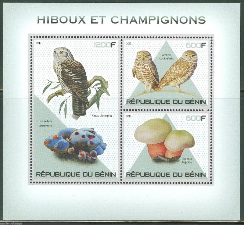 BENIN 2015 OWLS AND MUSHROOMS SHEET OF THREE STAMPS