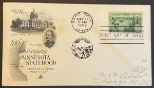 MINNESOTA STATEHOOD #1106 MAY 11 1958 ST PAUL MN FIRST DAY COVER (FDC) BX5