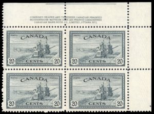 Canada #271 Cat$32.50, 1946 20c slate blue, plate block of four, never hinged