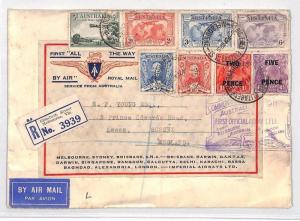BH105 1951 AUSTRALIA Melbourne GB Lewes REGISTERED Airmail First Flight 