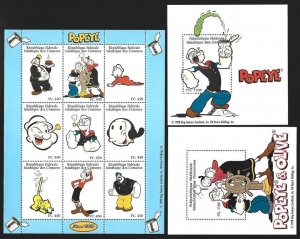 Comoro Islands 1998 Popeye Sheets #832L, 832V-832W VF-NH CV $38.00-