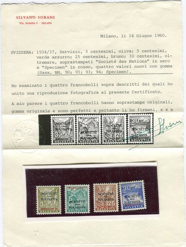 SWITZERLAND; 1934 Scarce SOCIETY Des NATIONS Mint SPECIMEN SET + Certificate