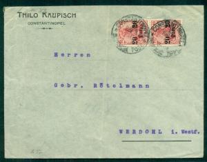 GERMAN COLONIES OFFICES IN TURKEY, 1911, 20p pair tied CONSTANTINOPLE to WERDOHL