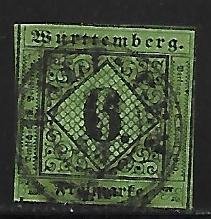 Wurttemberg - Scott #4 6Kr Black, yellow green Fine Used