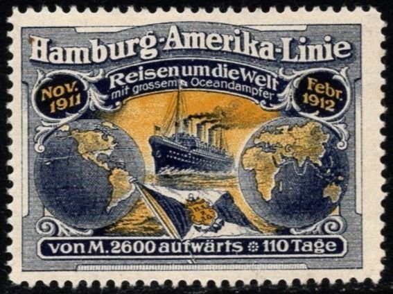 1912 Germany Poster Stamp Hamburg America Line Travel Around The World