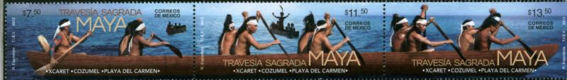 MEXICO 2809, Sacred Mayan Canoe Crossing. Strip of 3. MINT, NH. VF.