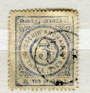 INDIA COCHIN; 1903 early classic Local Numeral issue used SHADE of 3p. value