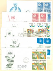 United Nations 265-66/267-68/270-71 1975-76 Peace keeping, definitives FDCs, artmaster cachets; 6 different blocks of 4, typed a