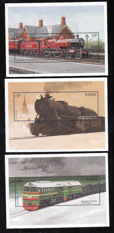 NICARAGUA 1996 TRAINS RAILWAYS RUSSIAN LOCOMOTIVES 3 SOUVENIR SHEET 2131/3  MNH