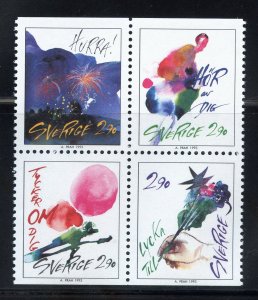 Sweden 2024-27 MNH, Greetings Stamps  Block of 4 from 1993.