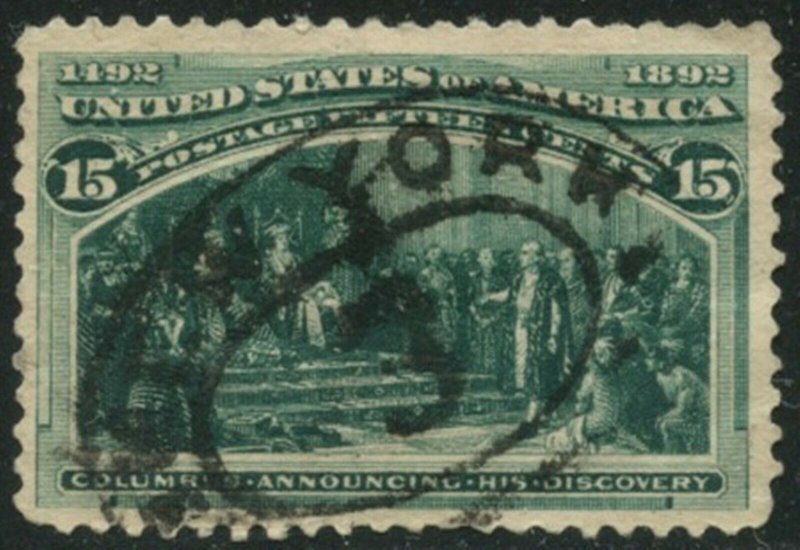 US Sc#238 1893 15c Columbian F-VF Appearance Used with Back Crease