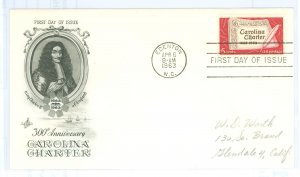 US 1230 1963 Carolina Charter 300th anniversary, pencil address