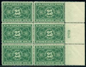 US #JQ5 25¢ dark green, Plate No. Block of 6, og, NH, VF, Scott $6,000.00