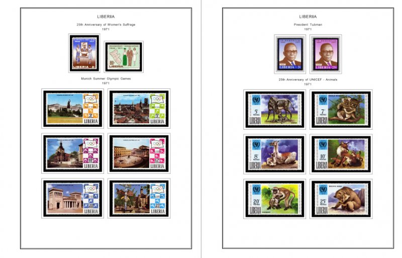 COLOR PRINTED LIBERIA 1971-1980 STAMP ALBUM PAGES (59 illustrated pages)