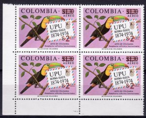 Colombia 1977 Birds ovpt.new value Set (1) MNH BLOCK OF 4  Sc#C656