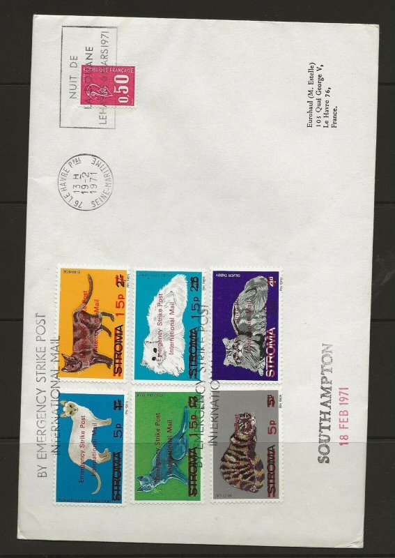 Cinderella GB 1971 Postal Strike 1969 Stroma Cats opt set on Le Havre cover 